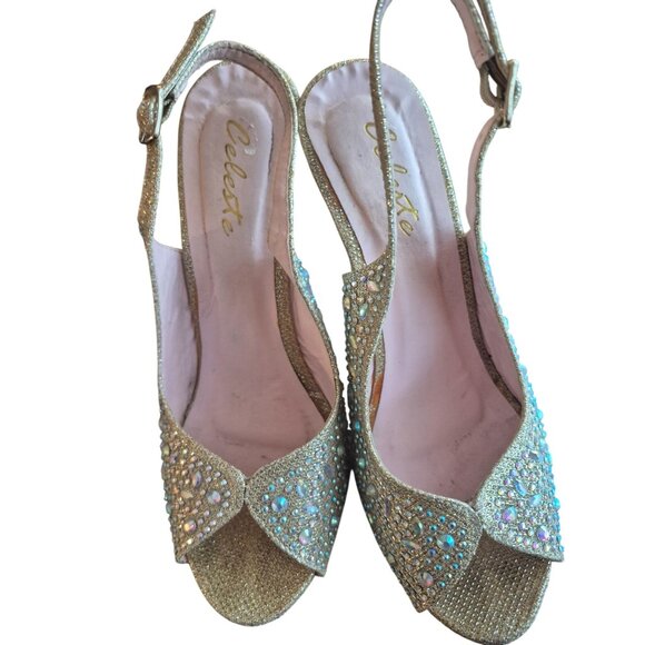 Gold Rhinestone Platform Heels With Peep Toe & Ankle Strap By Celeste Size 7.5 - Picture 2 of 7